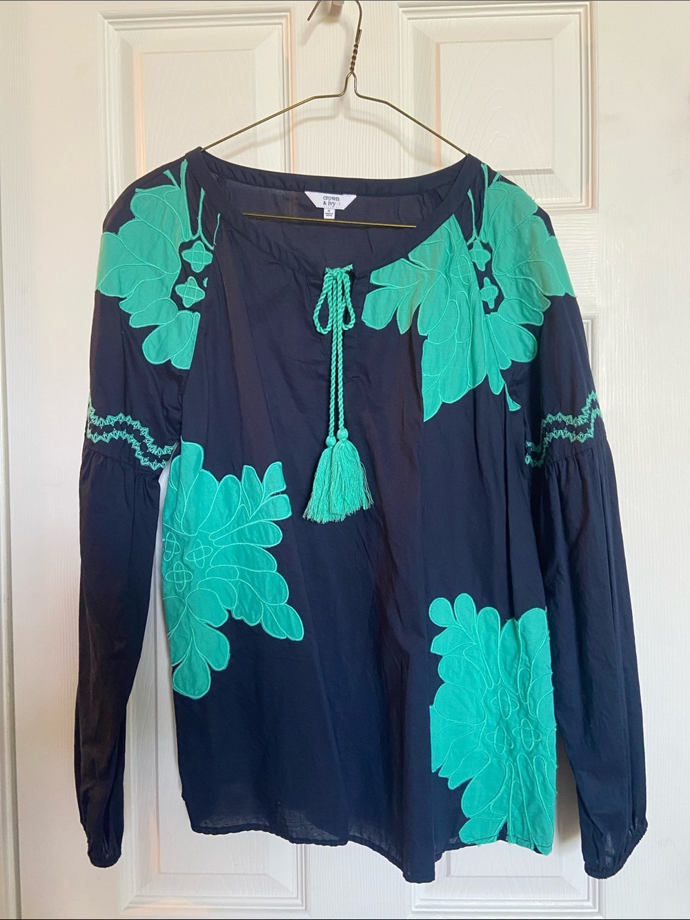 Women's Embroidered Navy Peasant Top with Teal Floral Accents